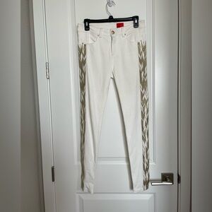 V Cristina Y2K White Skinny Jeans with Gold Embroidery Trim on Sides Size 2